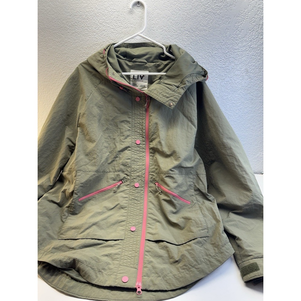 LIV Outdoor Womens XL Lightweight Hooded Jacket Olive Green Packable KNG1813
